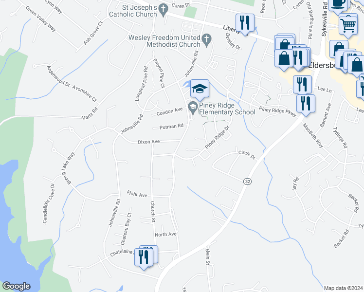 map of restaurants, bars, coffee shops, grocery stores, and more near 902 Black Spruce Lane in Sykesville