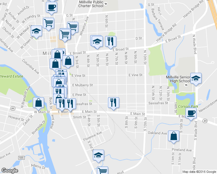 map of restaurants, bars, coffee shops, grocery stores, and more near 528 East Pine Street in Millville