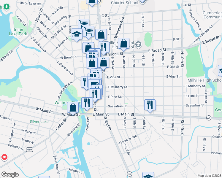 map of restaurants, bars, coffee shops, grocery stores, and more near 208 North 3rd Street in Millville