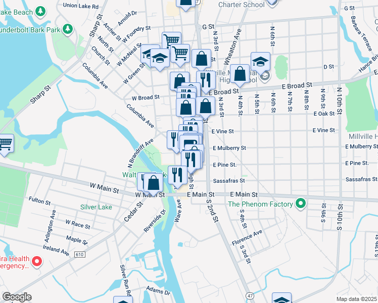 map of restaurants, bars, coffee shops, grocery stores, and more near 228 North High Street in Millville