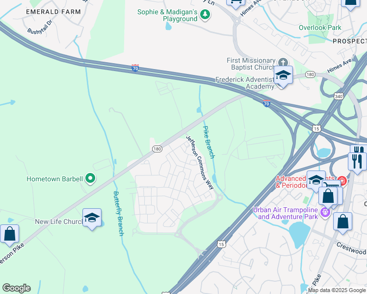 map of restaurants, bars, coffee shops, grocery stores, and more near 6202 Davinci Street in Frederick