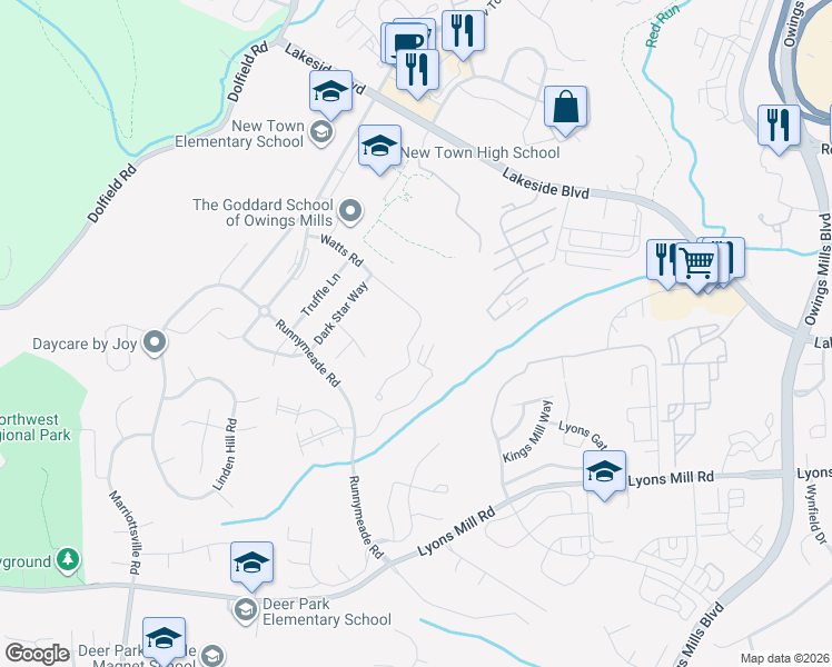 map of restaurants, bars, coffee shops, grocery stores, and more near 4621 Lathe Road in Owings Mills