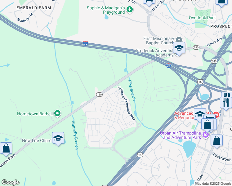 map of restaurants, bars, coffee shops, grocery stores, and more near 6202 Davinci Street in Frederick