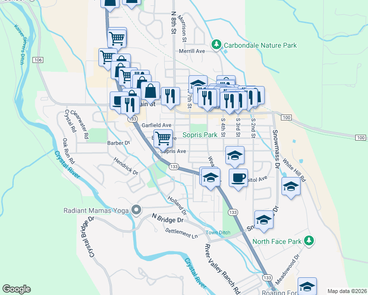 map of restaurants, bars, coffee shops, grocery stores, and more near 725 Sopris Avenue in Carbondale