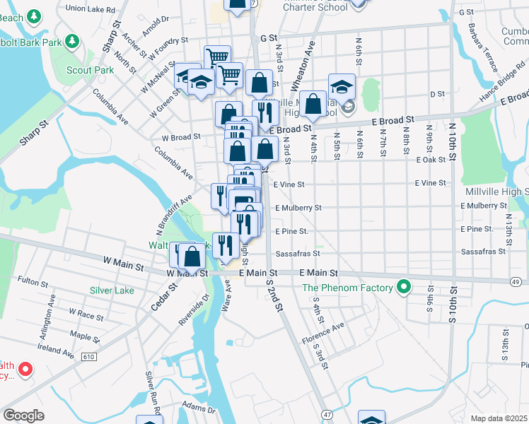 map of restaurants, bars, coffee shops, grocery stores, and more near 8 East Pine Street in Millville