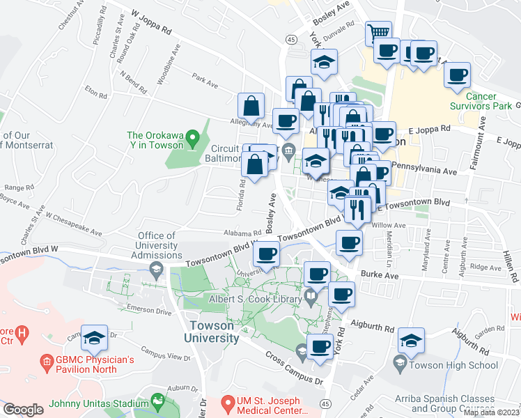 map of restaurants, bars, coffee shops, grocery stores, and more near 300 Colonial Court in Towson