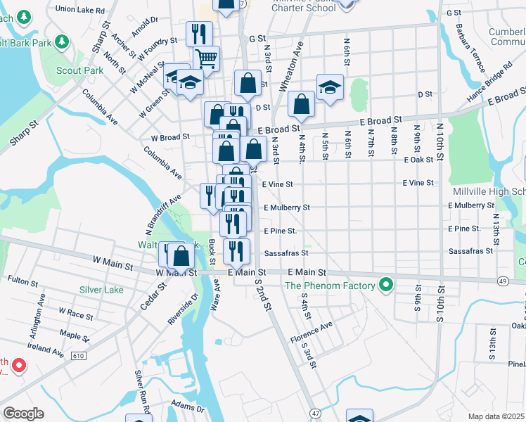 map of restaurants, bars, coffee shops, grocery stores, and more near 229 North 2nd Street in Millville
