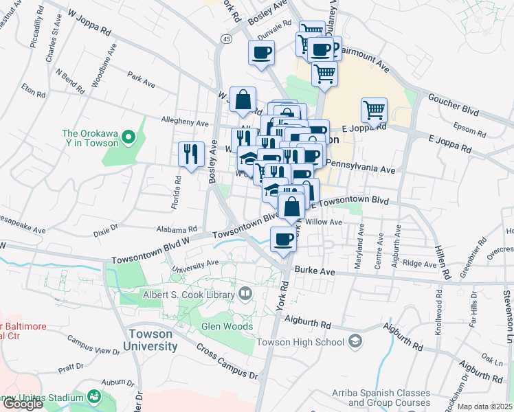 map of restaurants, bars, coffee shops, grocery stores, and more near 212 Washington Avenue in Towson
