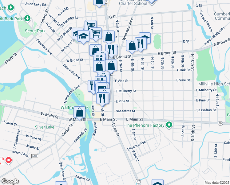 map of restaurants, bars, coffee shops, grocery stores, and more near 229 North 2nd Street in Millville
