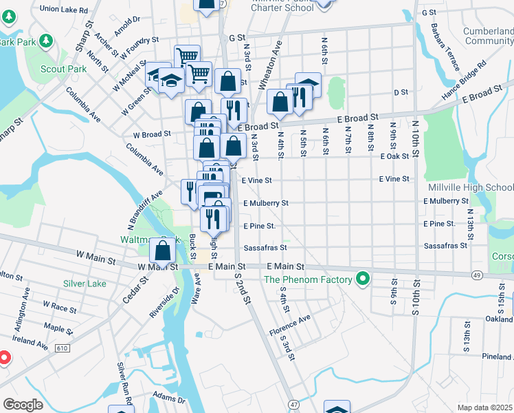map of restaurants, bars, coffee shops, grocery stores, and more near 229 East Vine Street in Millville