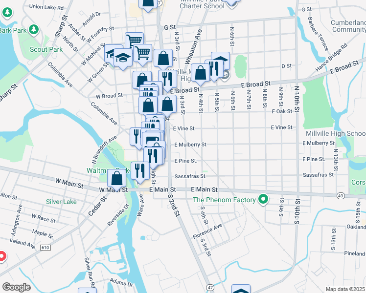 map of restaurants, bars, coffee shops, grocery stores, and more near 229 East Vine Street in Millville