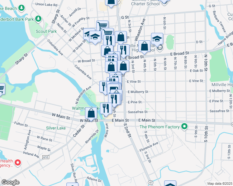 map of restaurants, bars, coffee shops, grocery stores, and more near 318 North 2nd Street in Millville