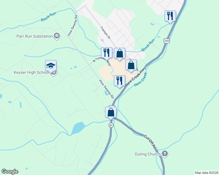 map of restaurants, bars, coffee shops, grocery stores, and more near 2408 New Creek Highway in Keyser
