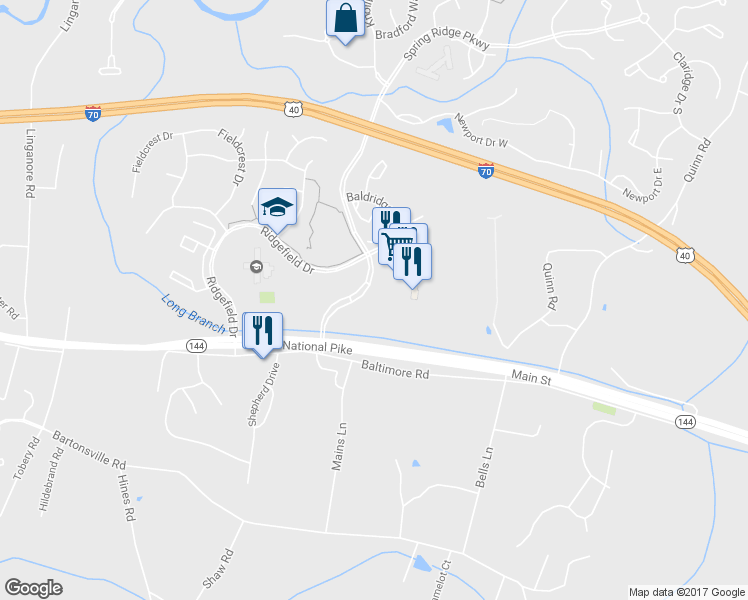 map of restaurants, bars, coffee shops, grocery stores, and more near 6067 Spring Ridge Parkway in Frederick