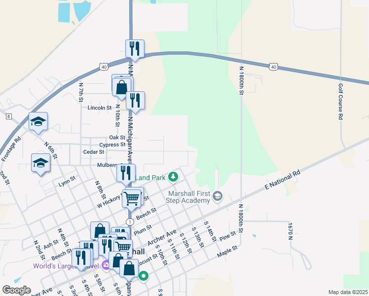 map of restaurants, bars, coffee shops, grocery stores, and more near 1208-1218 Cedar Lane in Marshall