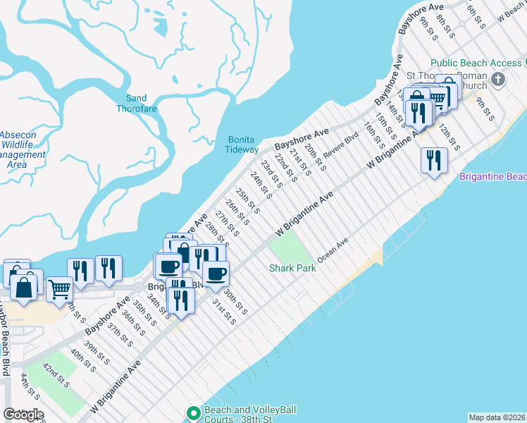 map of restaurants, bars, coffee shops, grocery stores, and more near 2405 Revere Boulevard in Brigantine