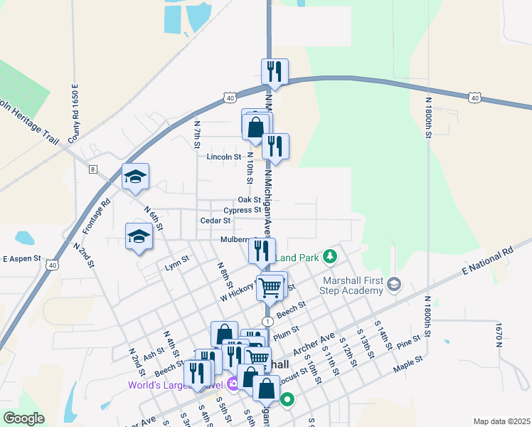 map of restaurants, bars, coffee shops, grocery stores, and more near 999 Oak Street in Marshall