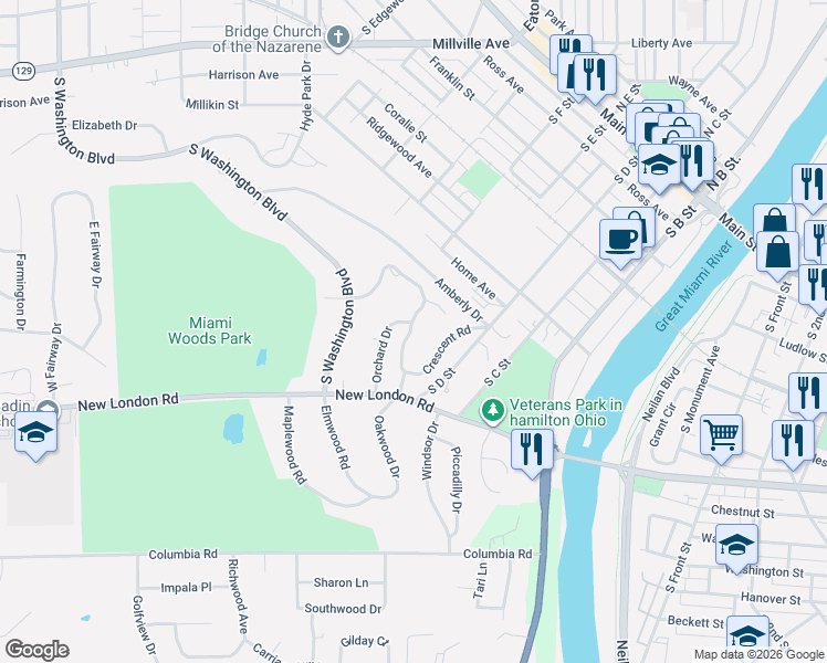 map of restaurants, bars, coffee shops, grocery stores, and more near 510 Oakwood Drive in Hamilton