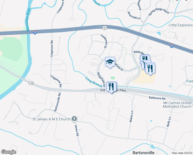 map of restaurants, bars, coffee shops, grocery stores, and more near 6501 Springwater Court in Frederick