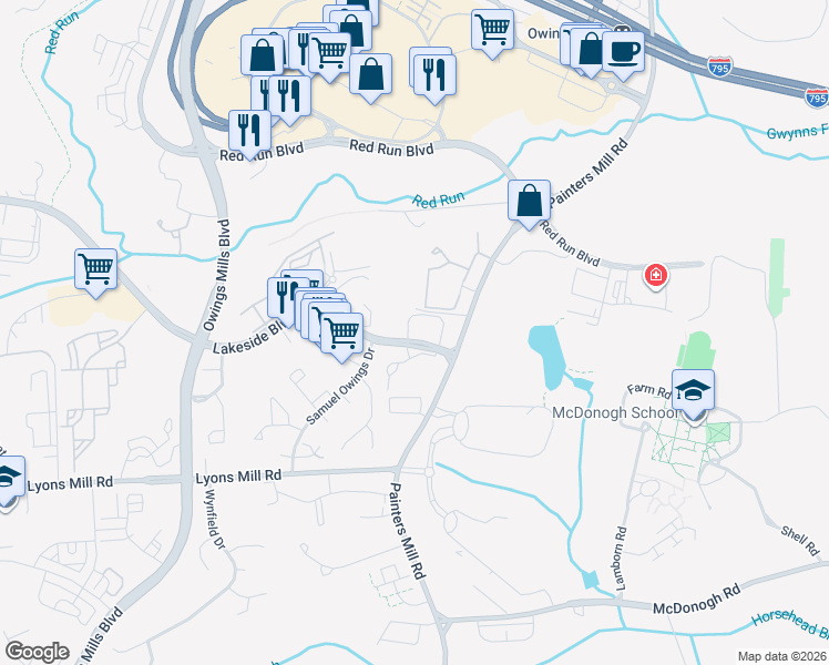 map of restaurants, bars, coffee shops, grocery stores, and more near 100 Chase Mill Circle in Owings Mills