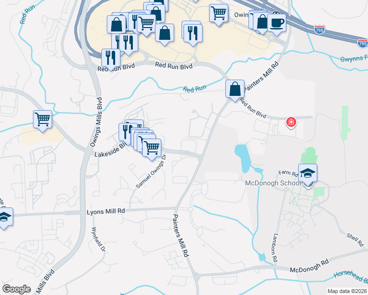 map of restaurants, bars, coffee shops, grocery stores, and more near 100 Chase Mill Circle in Owings Mills