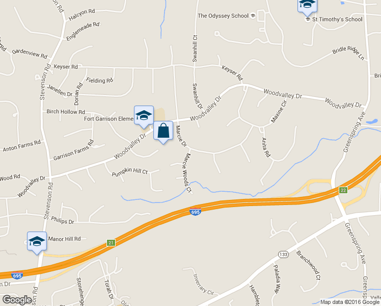 map of restaurants, bars, coffee shops, grocery stores, and more near 17 Marcie Woods Court in Pikesville