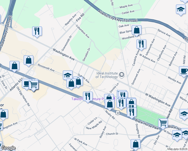 map of restaurants, bars, coffee shops, grocery stores, and more near 6849 Washington Avenue in Egg Harbor Township