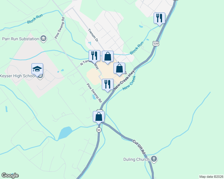 map of restaurants, bars, coffee shops, grocery stores, and more near 2346 New Creek Highway in Keyser
