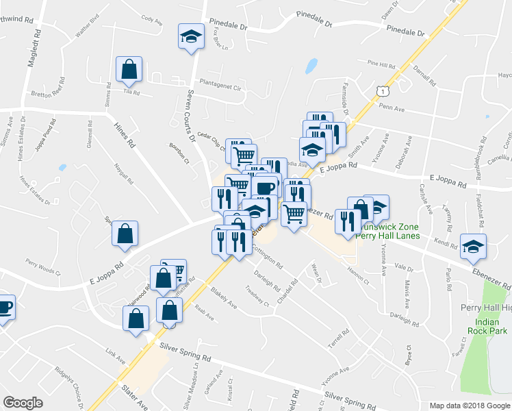 map of restaurants, bars, coffee shops, grocery stores, and more near 4132 East Joppa Road in Nottingham