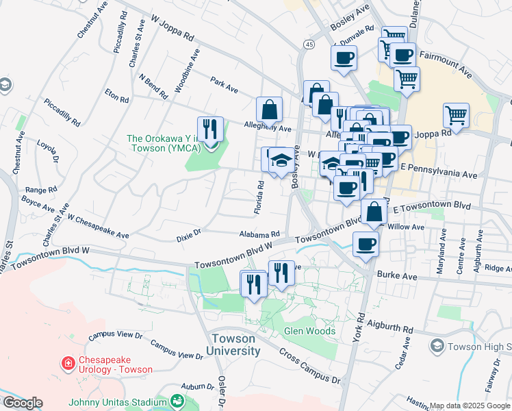 map of restaurants, bars, coffee shops, grocery stores, and more near 401 Georgia Court in Towson