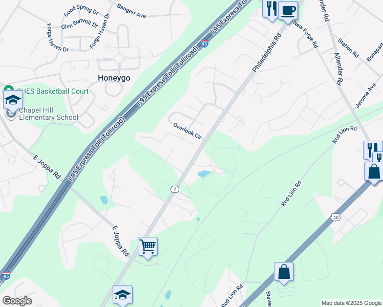 map of restaurants, bars, coffee shops, grocery stores, and more near 11240 Philadelphia Road in White Marsh