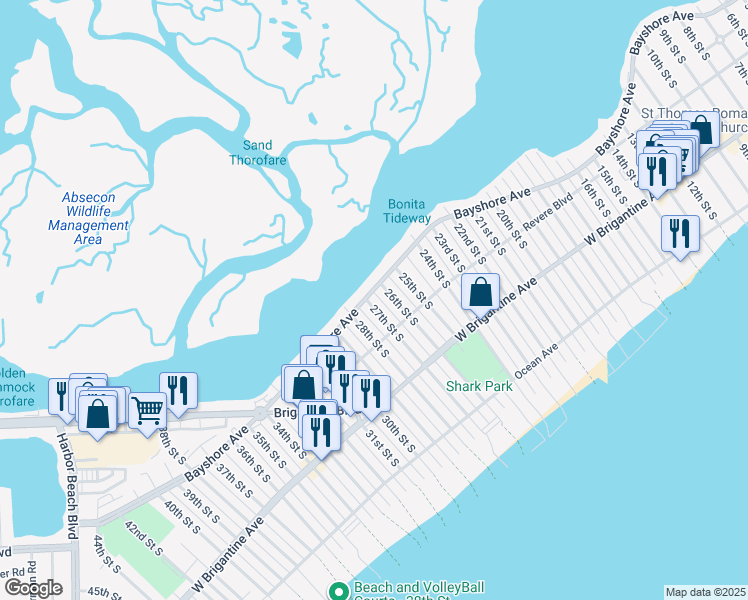 map of restaurants, bars, coffee shops, grocery stores, and more near 2601 Bayshore Avenue in Brigantine