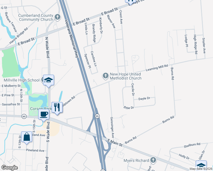 map of restaurants, bars, coffee shops, grocery stores, and more near 2101 Newcombtown Road in Millville