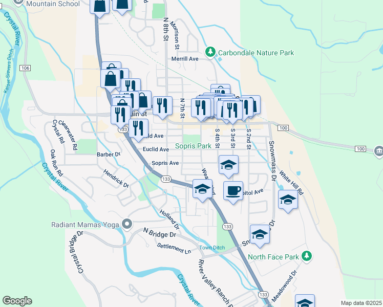 map of restaurants, bars, coffee shops, grocery stores, and more near 703 Euclid Avenue in Carbondale