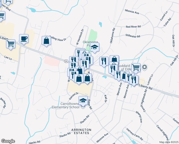 map of restaurants, bars, coffee shops, grocery stores, and more near 6415 Ridge Road in Eldersburg