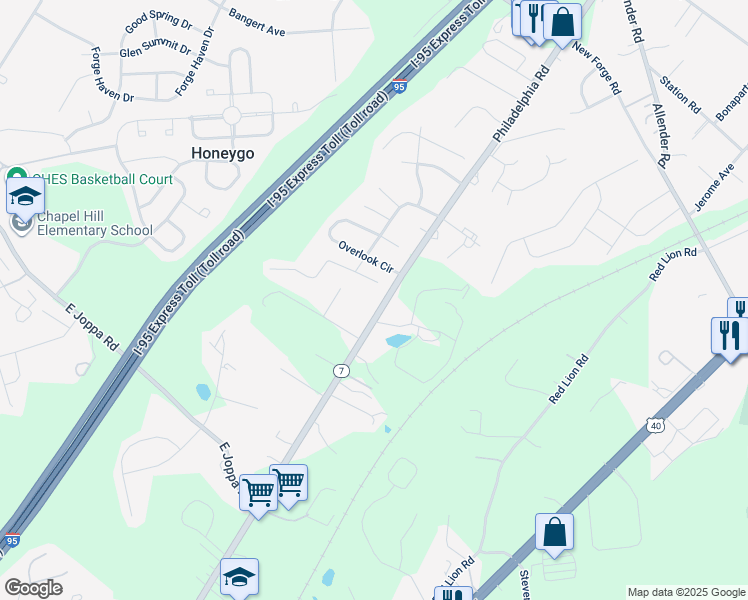 map of restaurants, bars, coffee shops, grocery stores, and more near 11240 Philadelphia Road in White Marsh