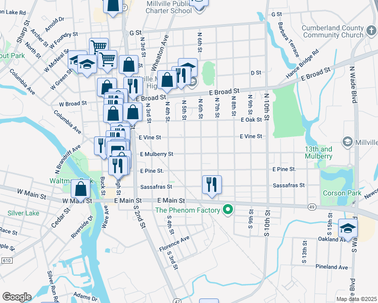 map of restaurants, bars, coffee shops, grocery stores, and more near 316 North 5th Street in Millville