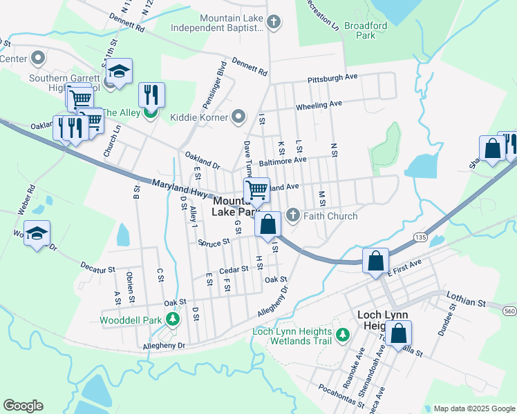 map of restaurants, bars, coffee shops, grocery stores, and more near in Mountain Lake Park