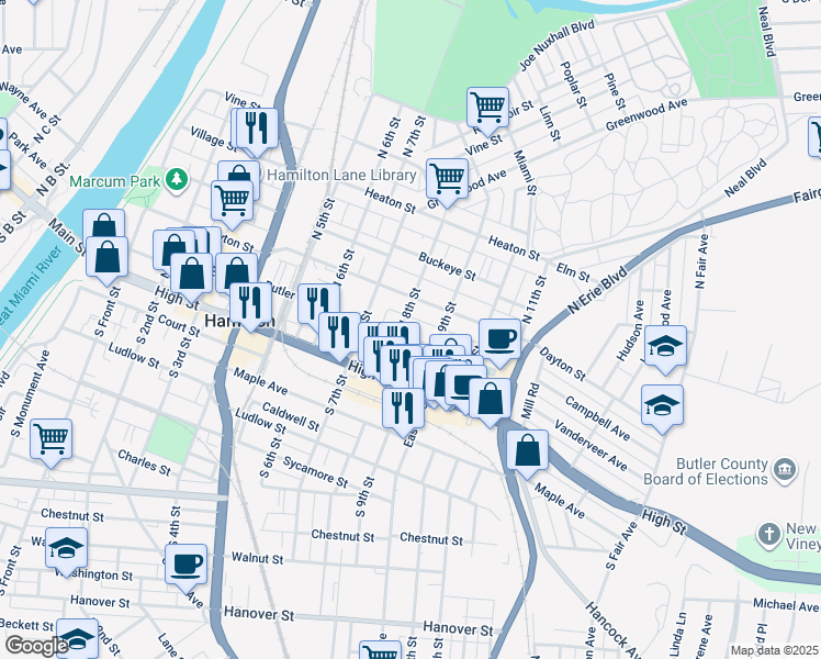 map of restaurants, bars, coffee shops, grocery stores, and more near 118 North 8th Street in Hamilton
