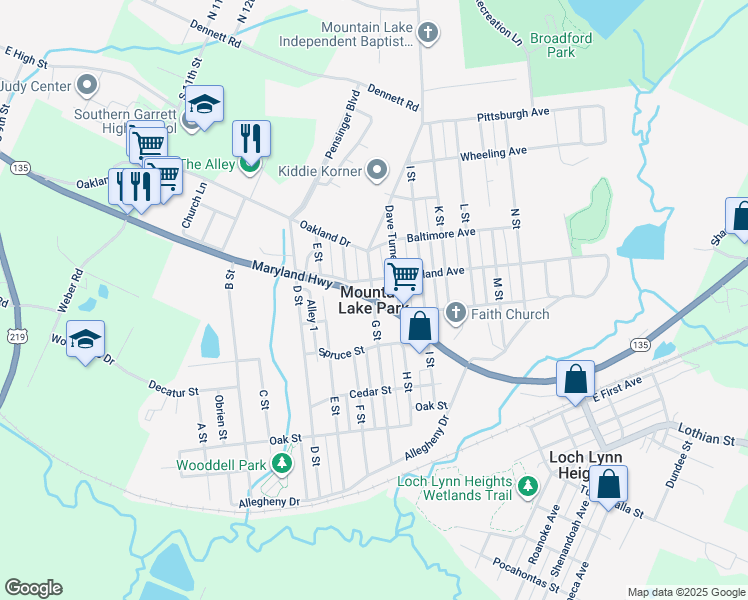 map of restaurants, bars, coffee shops, grocery stores, and more near in Mountain Lake Park
