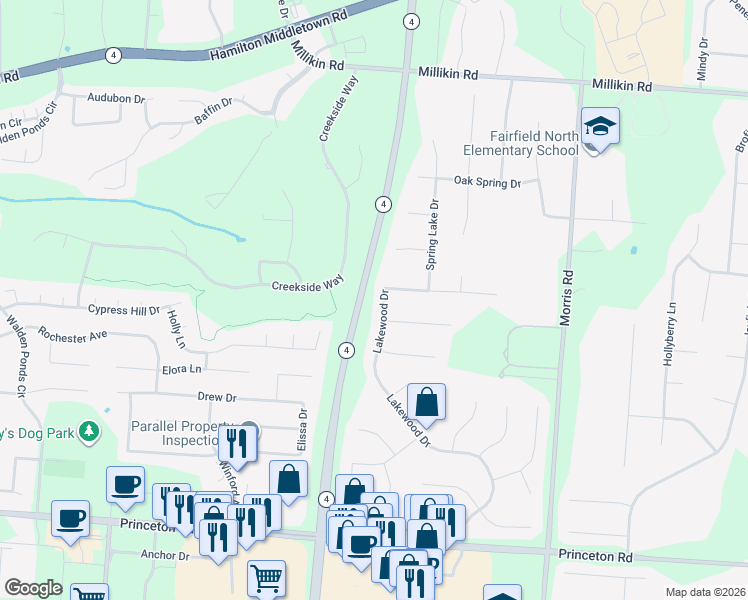 map of restaurants, bars, coffee shops, grocery stores, and more near 6183 Lakewood Drive in Hamilton