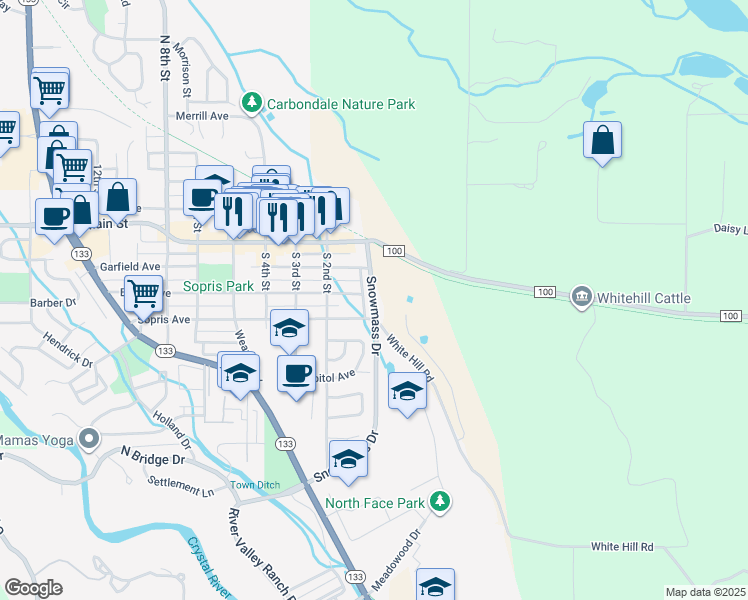 map of restaurants, bars, coffee shops, grocery stores, and more near 160 Snowmass Drive in Carbondale