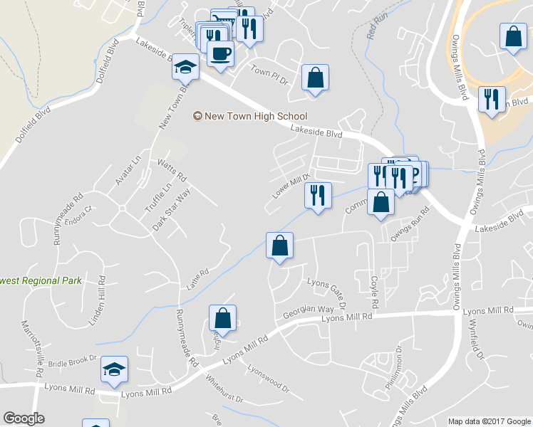 map of restaurants, bars, coffee shops, grocery stores, and more near 10100 Cascade Falls Court in Owings Mills