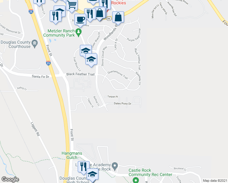 map of restaurants, bars, coffee shops, grocery stores, and more near 3738 Black Feather Trail in Castle Rock