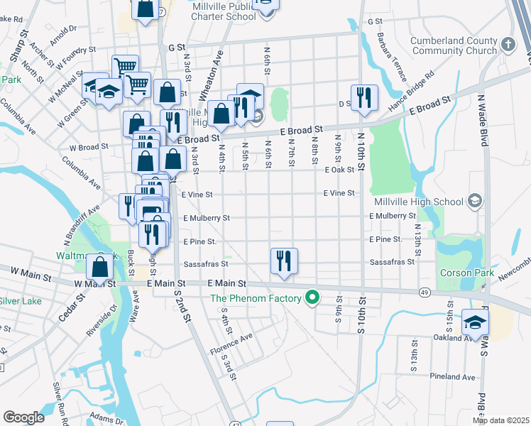 map of restaurants, bars, coffee shops, grocery stores, and more near 320 North 6th Street in Millville