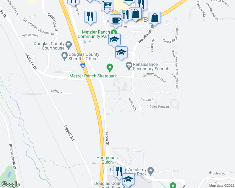 map of restaurants, bars, coffee shops, grocery stores, and more near 457 Black Feather Loop in Castle Rock