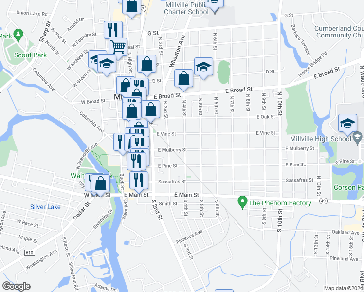 map of restaurants, bars, coffee shops, grocery stores, and more near 314 North 4th Street in Millville