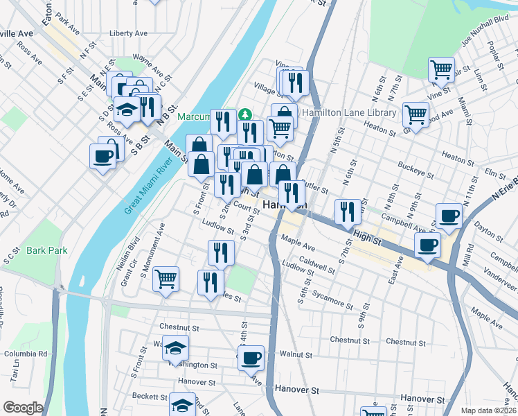 map of restaurants, bars, coffee shops, grocery stores, and more near in Hamilton