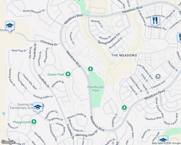 map of restaurants, bars, coffee shops, grocery stores, and more near 4752 Meadows Boulevard in Castle Rock