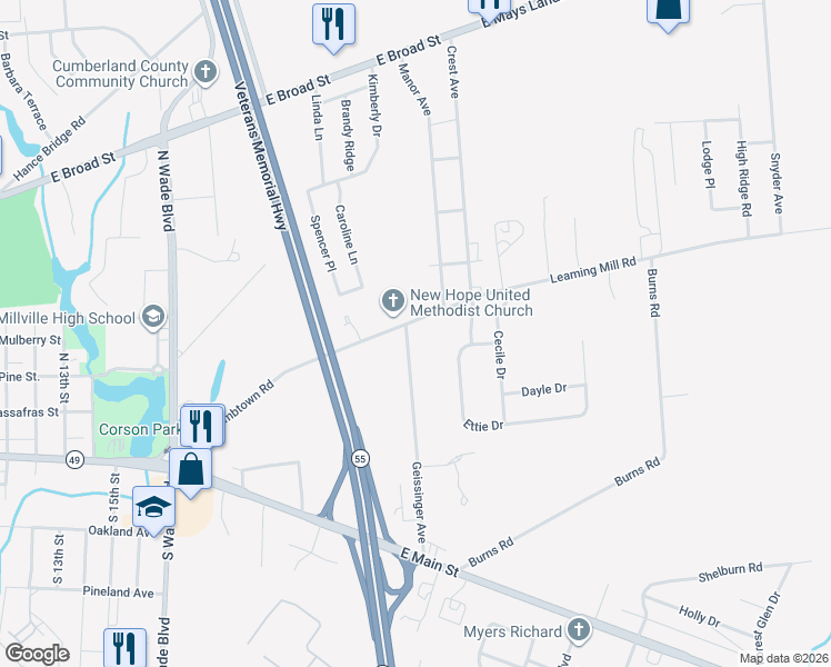map of restaurants, bars, coffee shops, grocery stores, and more near 2101 Newcombtown Road in Millville